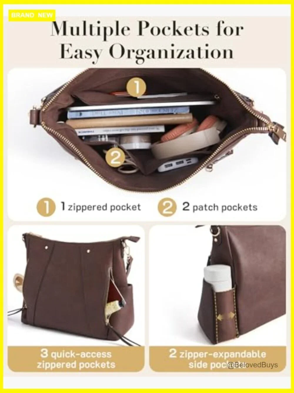 Large Vegan Leather Hobo Tote with Multiple Pockets, Adjustable Strap